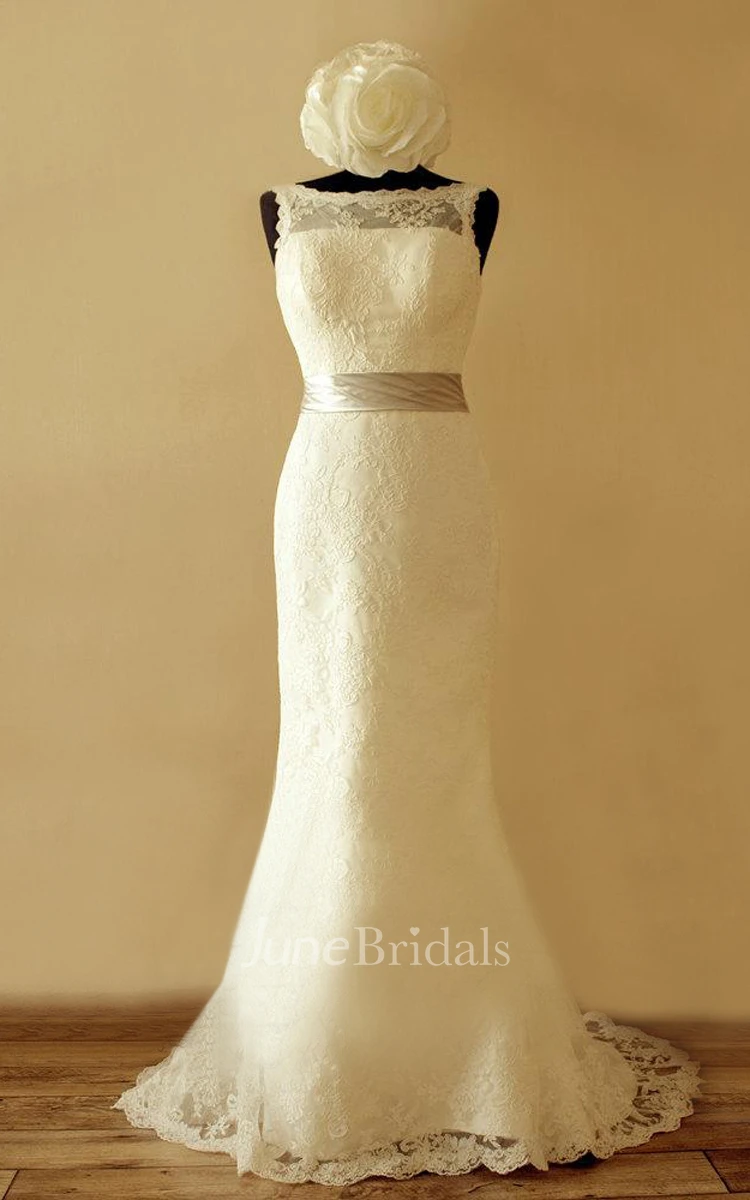 Bateau Sleeveless Low-V Back Sheath Lace Wedding Dress With Sash And Flower