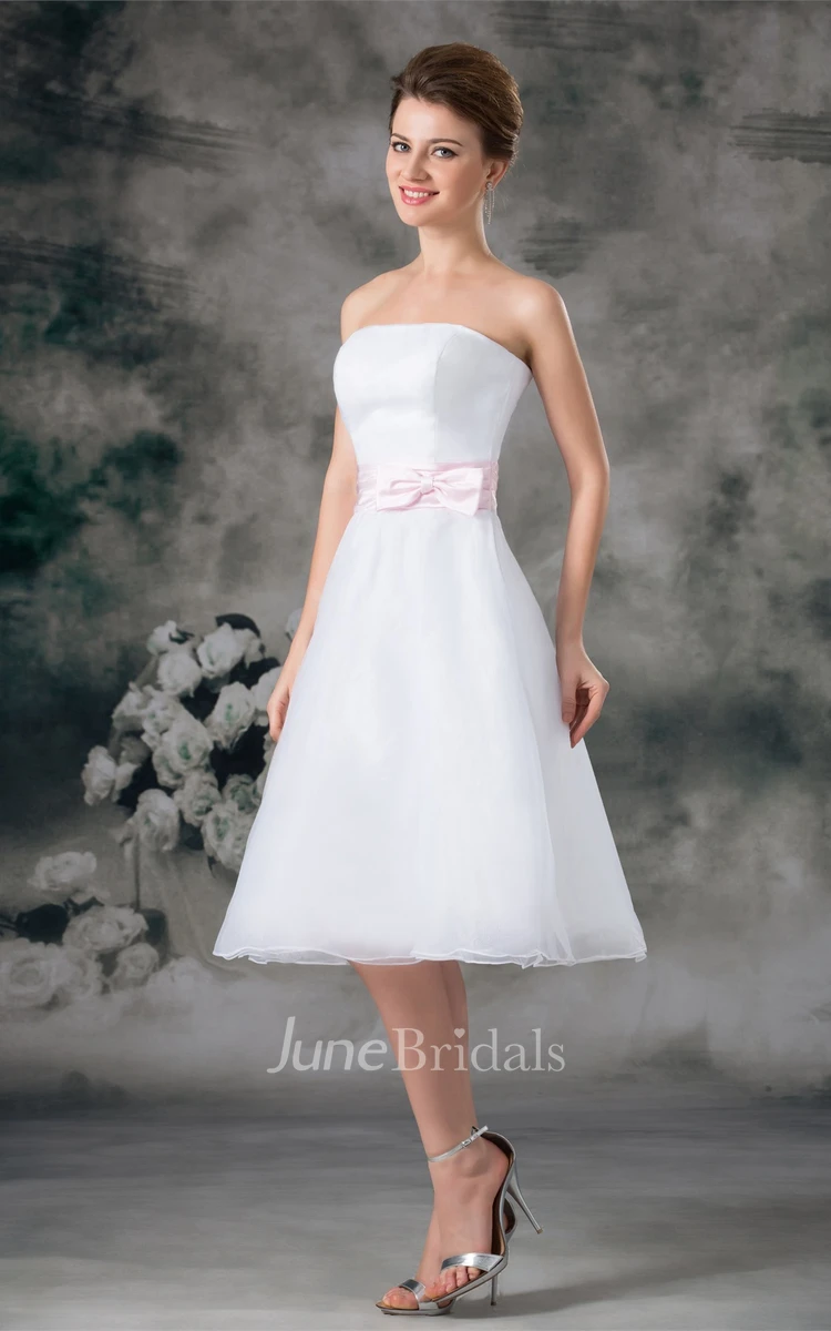 strapless tea-length a-line dress with zipper back and bow