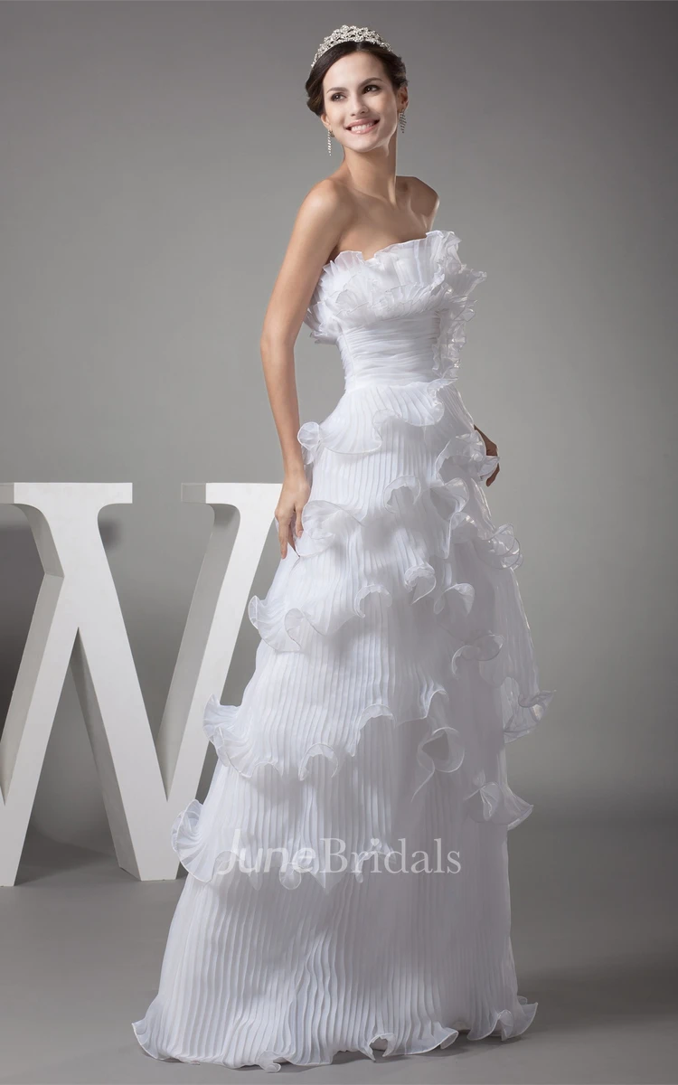 Strapless A-Line Tiered Dress with Flower and Overall Ruched Design