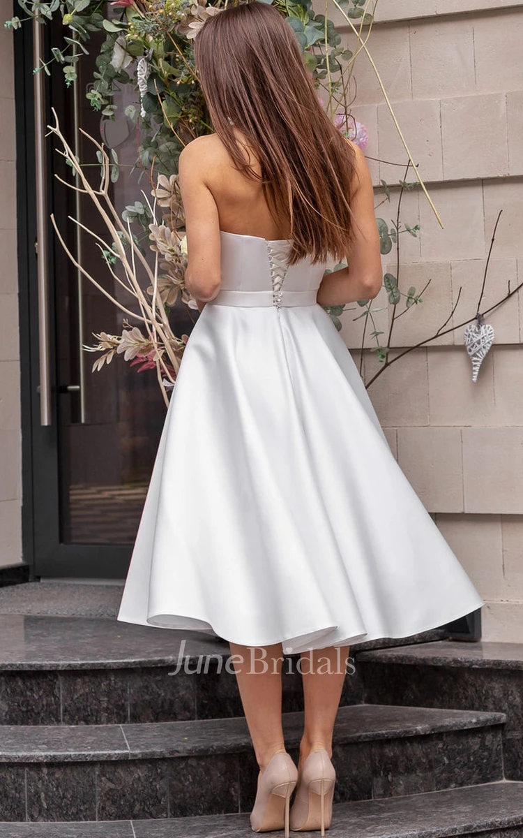 Sexy Sleeveless Tea-length Satin A Line Wedding Dress with Ribbon