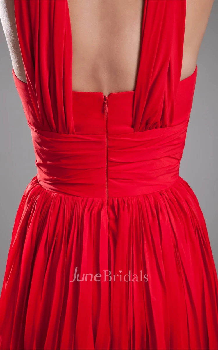 sleeveless a-line maxi ruched dress with zipper back and pleats