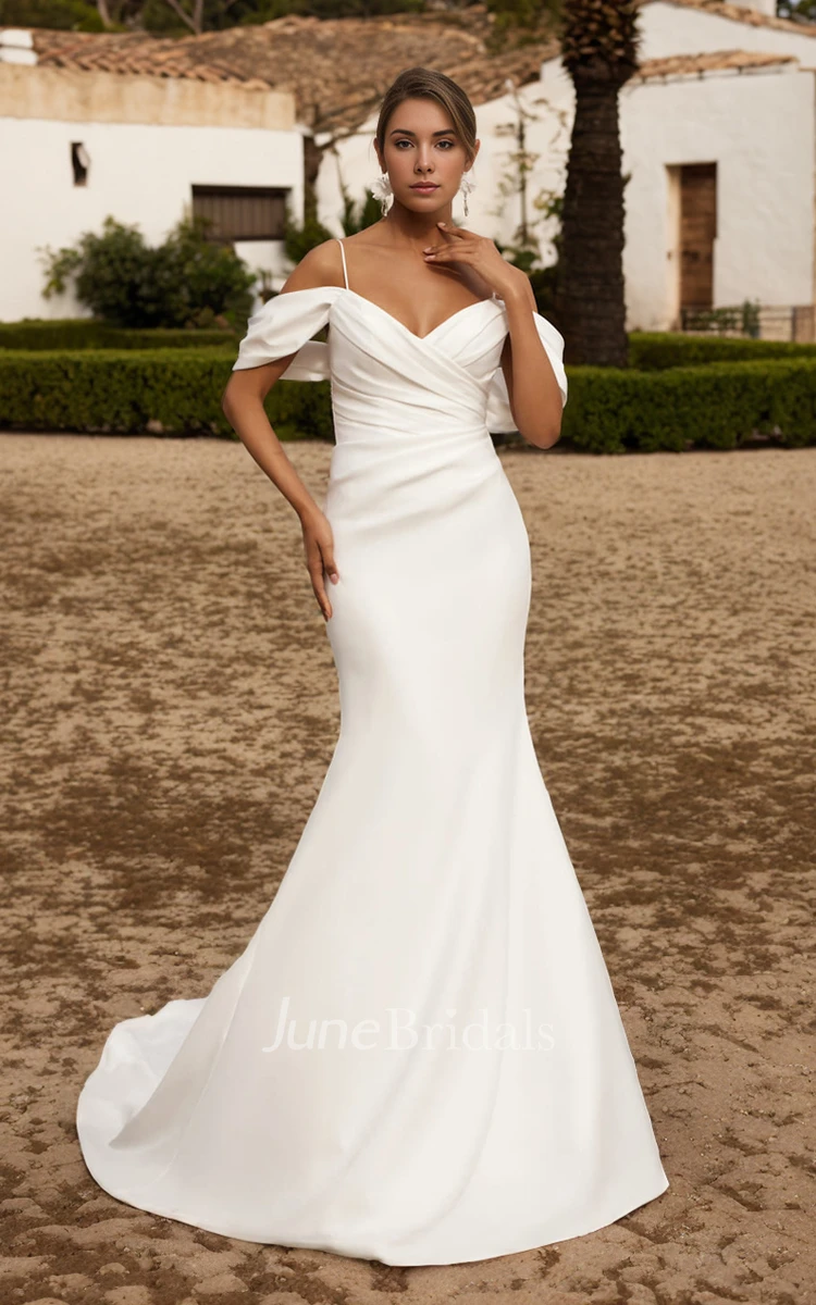 Solid Mermaid Off-the-shoulder V-neck Satin Wedding Dress Elegant Sleeveless Backless Bridal Gown with Train