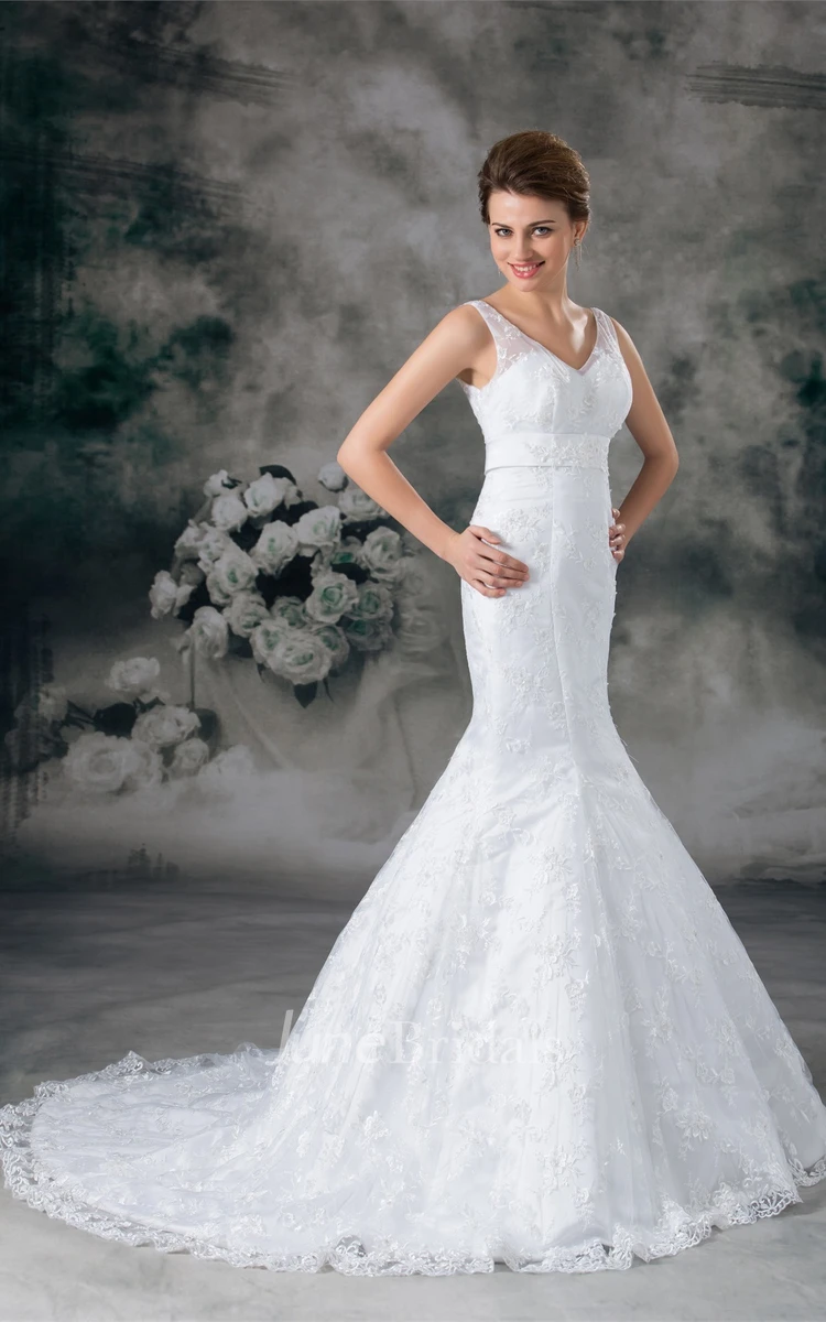 plunged mermaid sleeveless gown with low-v back and lace
