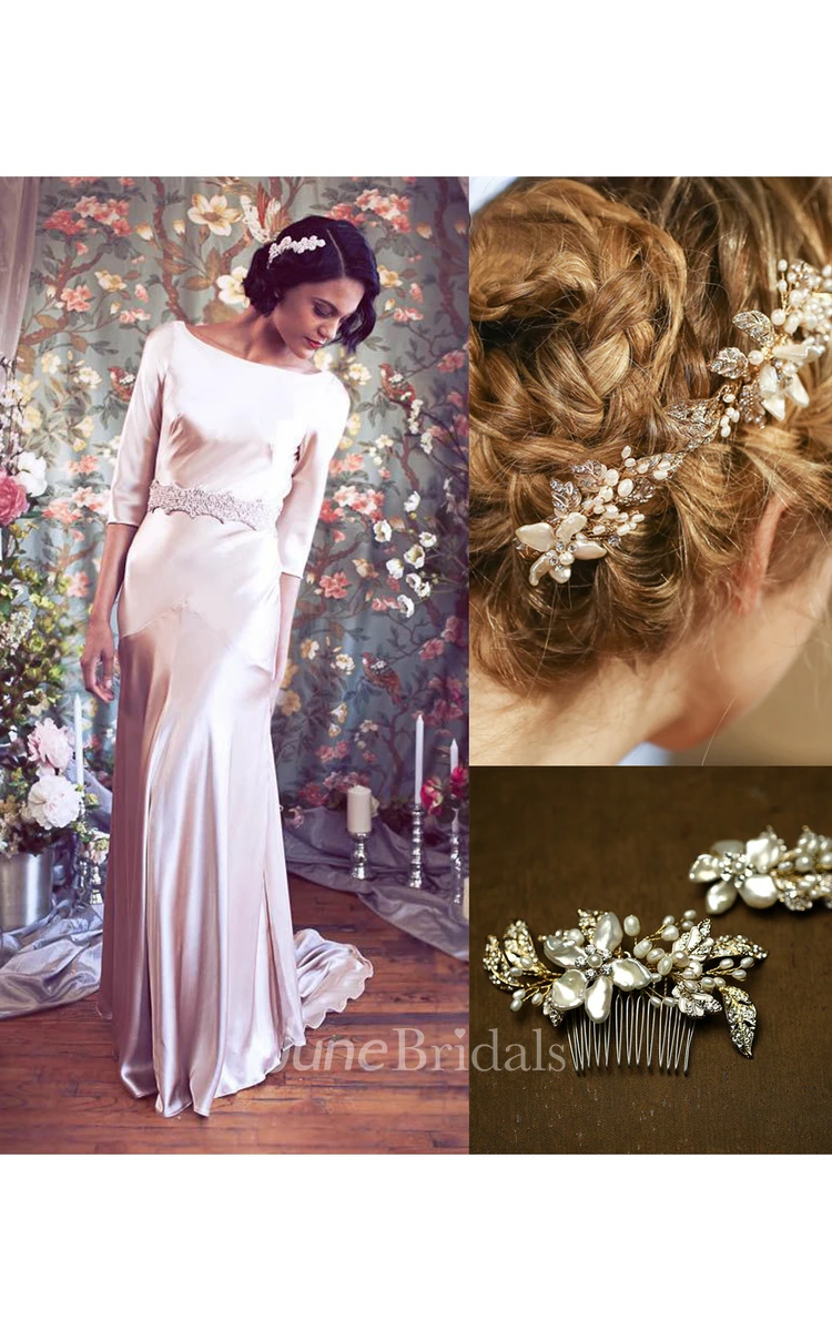 Bateau 3 4 Length Sleeve Deep V Back Satin Wedding Dress and Western Style Bride Headdress Pearl Hairpin Headdress