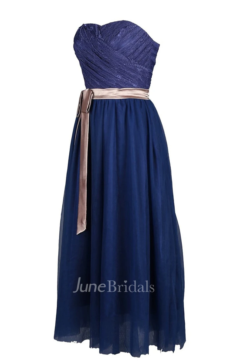 Strapless Long Dress With Lace Trim and Satin Sash