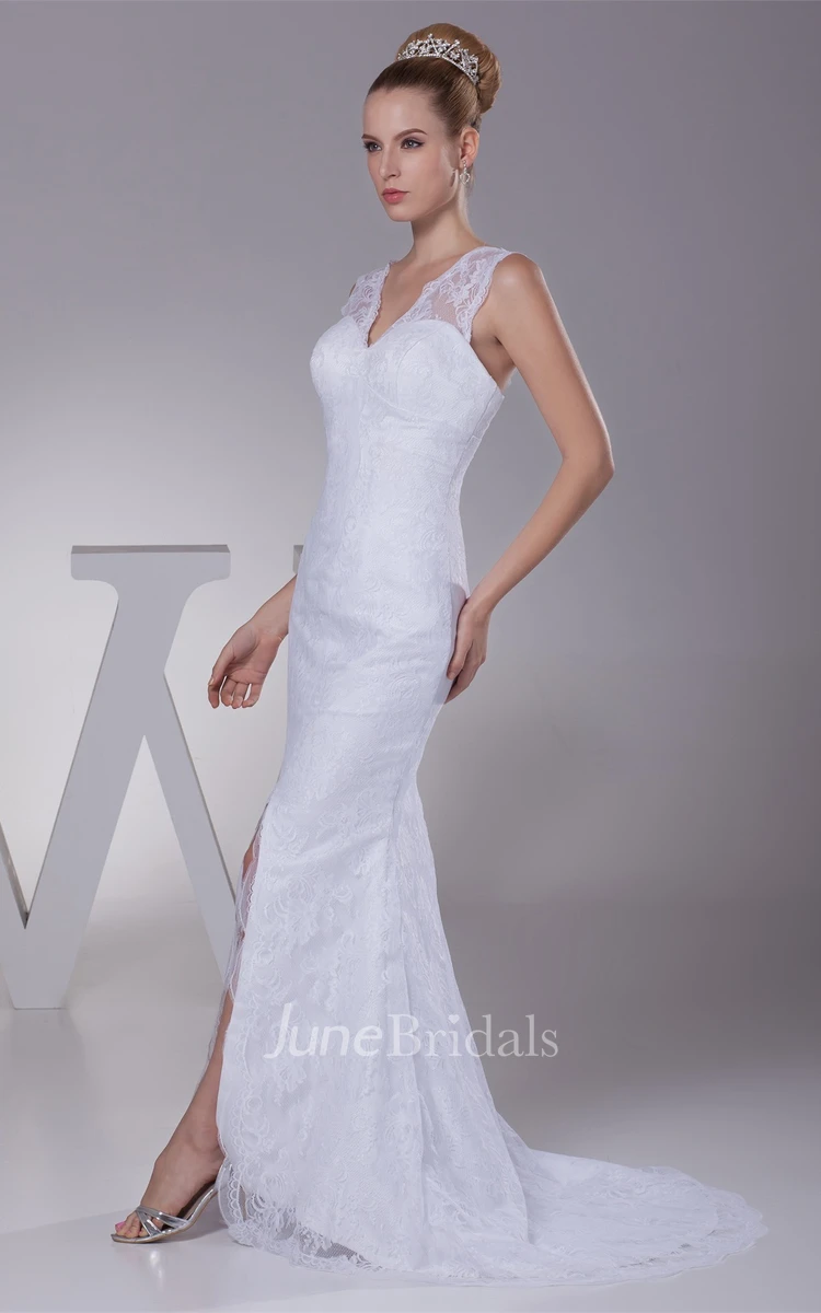 Caped-Sleeve V-Neck Mermaid Dress with Appliques and Front Slit