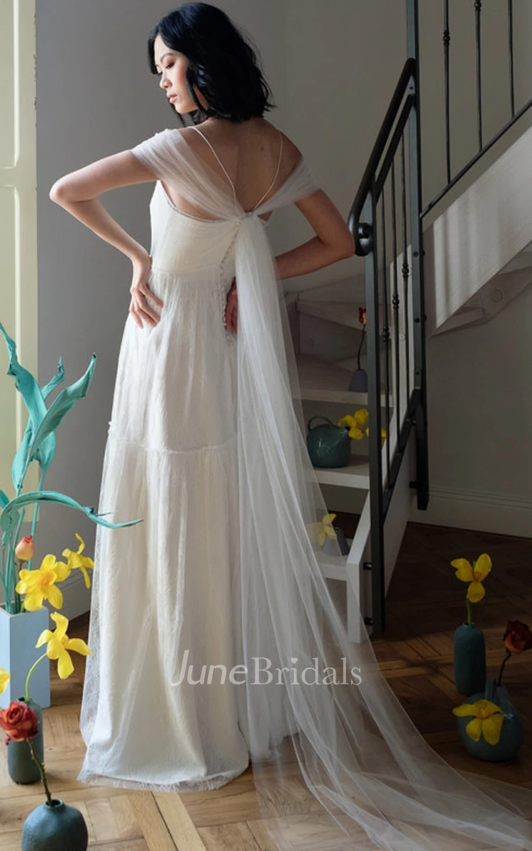 Simple Spaghetti Short Sleeve Floor-length A Line Wedding Dress With Ruching