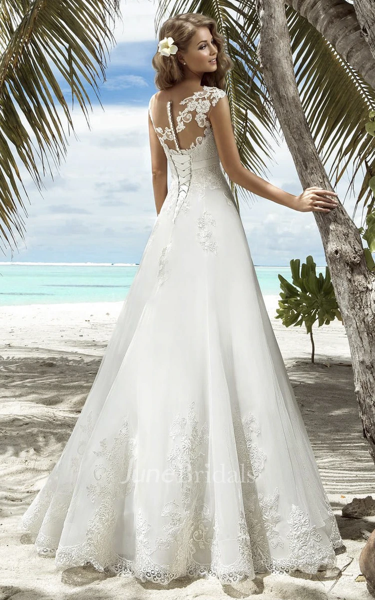 A-Line Floor-Length V-Neck Sleeveless Lace-Up Organza Dress With Appliques