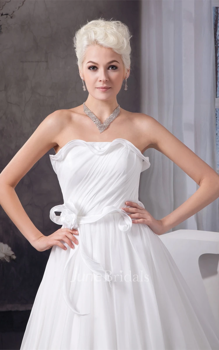 Strapless Ruched A-Line Gown with Flower and Bow