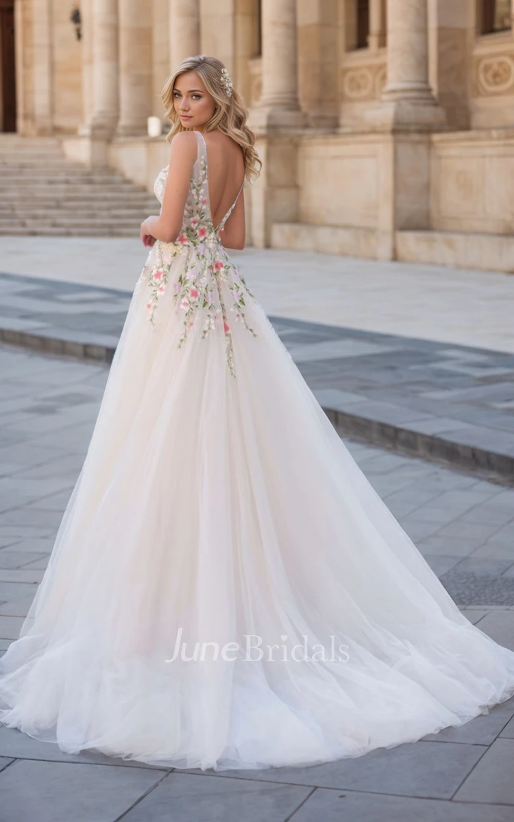 Sexy Elegant A-Line V-Neck Lace Tulle Spring Wedding Dress with Deep V Back and Flowers