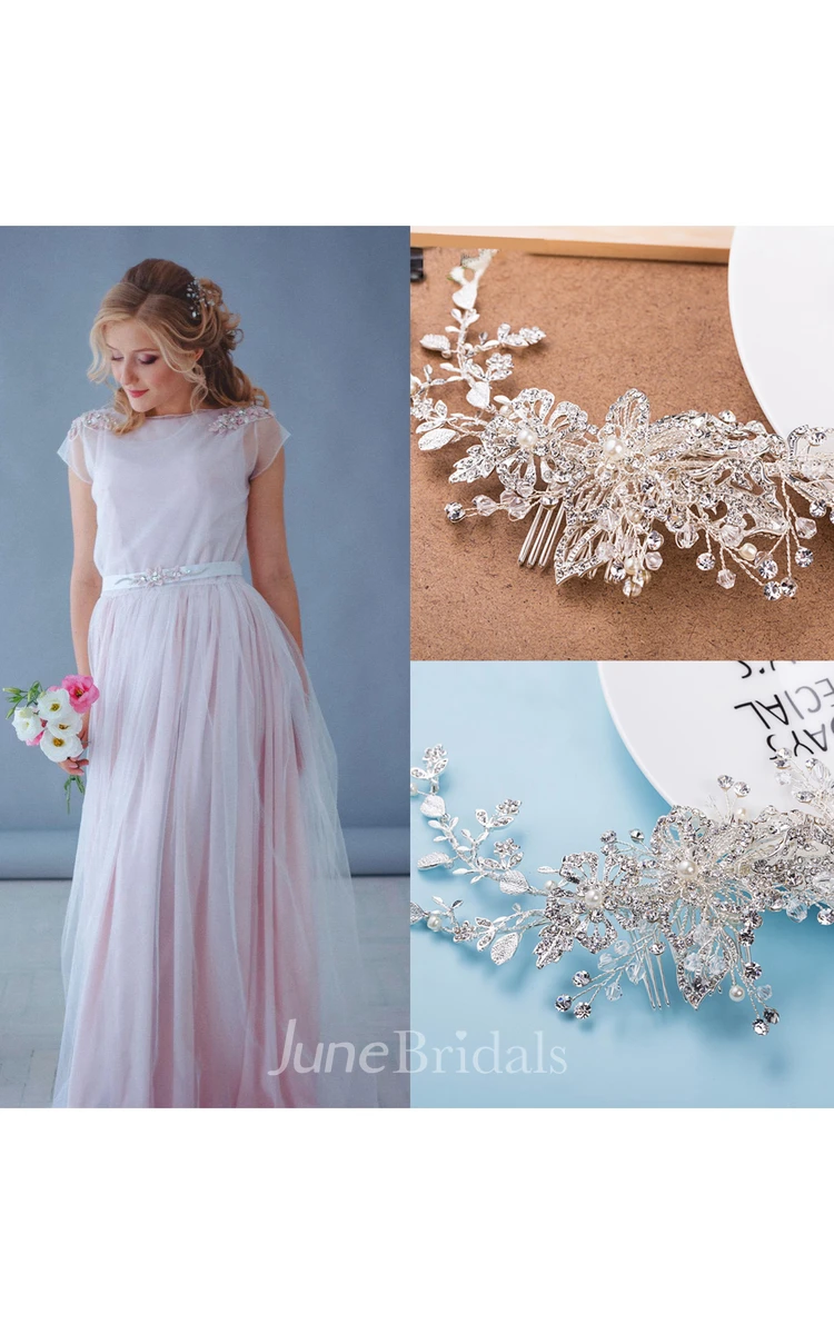 Vintage Poet-Sleeve Tulle Pleated Dress With Epaulet and Bridal Tiara Crystal Flower Headdress