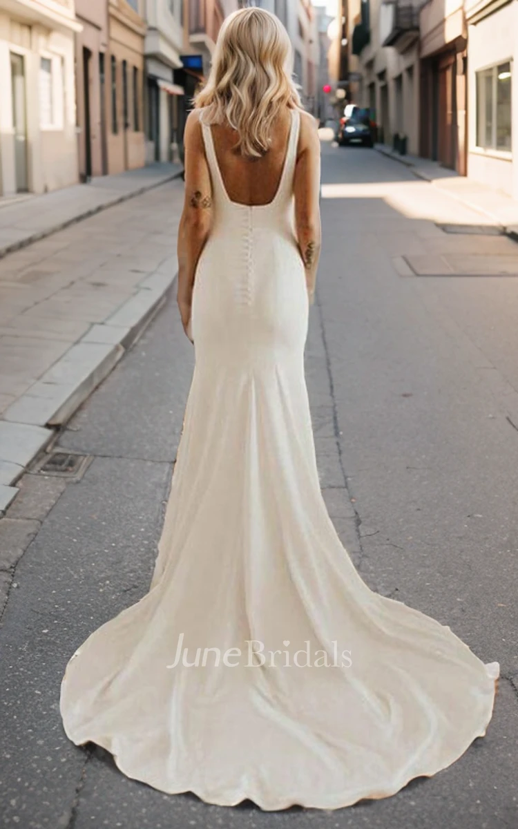 Modest Sheath Low Back Straps Sleeveless Minimalist Square Neckline Floor-Length Wedding Dress with Sweep Train