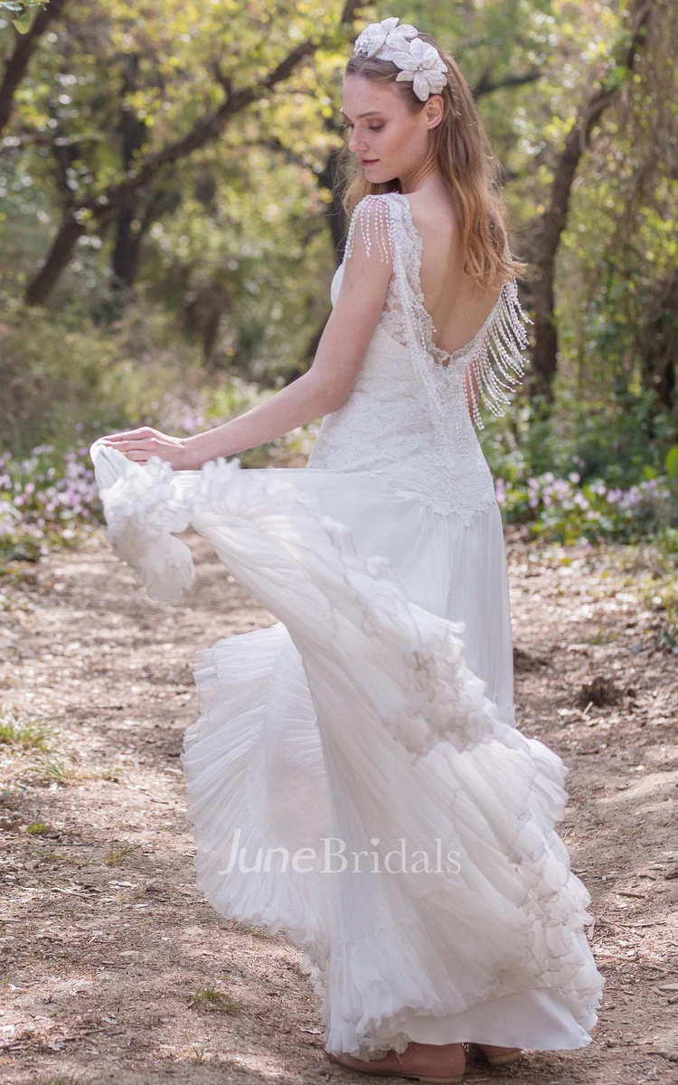 Plunged A-Line Pleated Wedding Dress With Appliques And Beading