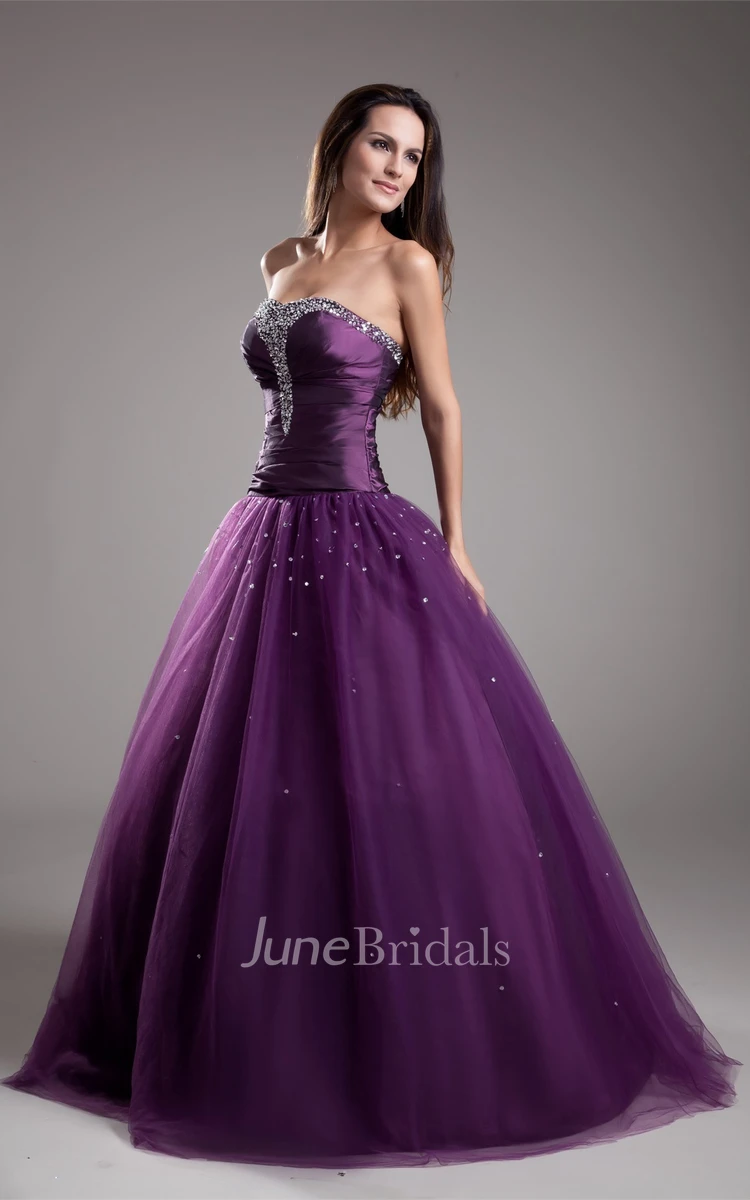 strapless a-line ball pleated gown with jeweled top