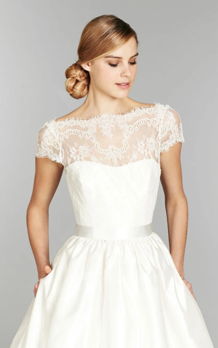 Stunning Cap Sleeve and Illusion Neckline Long Lace Gown