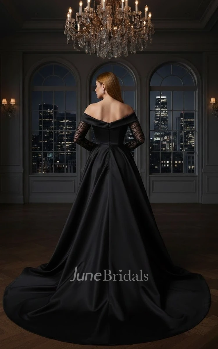 Off-the-Shoulder Gothic Black Wedding Dress Lace Long Sleeves Satin Evening Gown with Slit