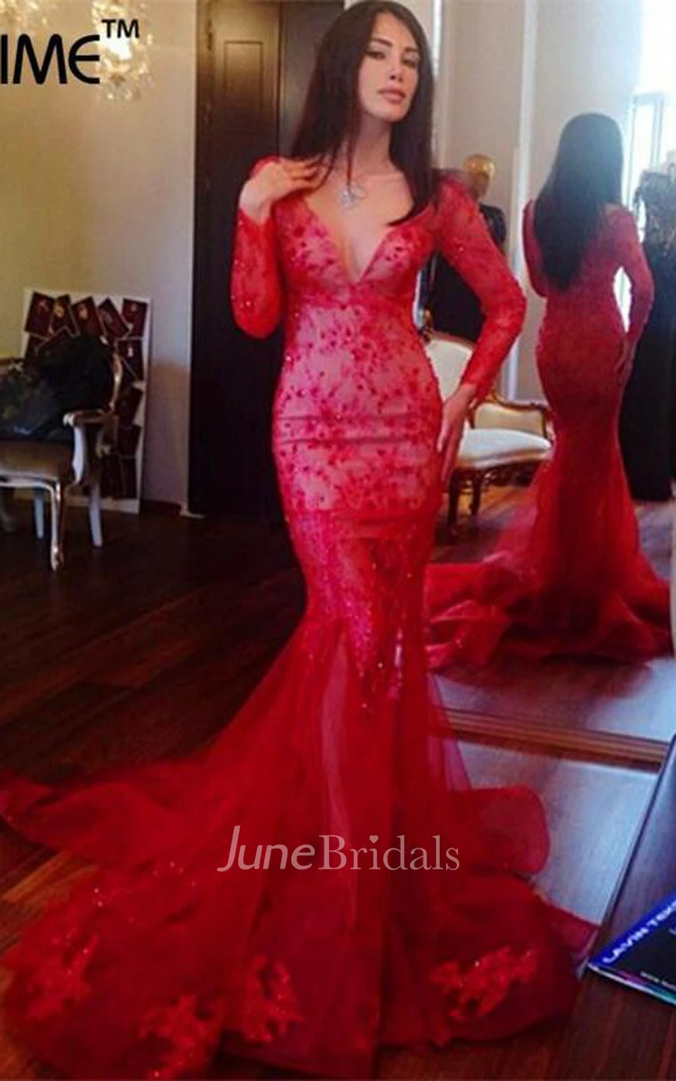 Glamorous V-neck Red Mermaid Prom Dress Long Sleeve With Lace Appliques