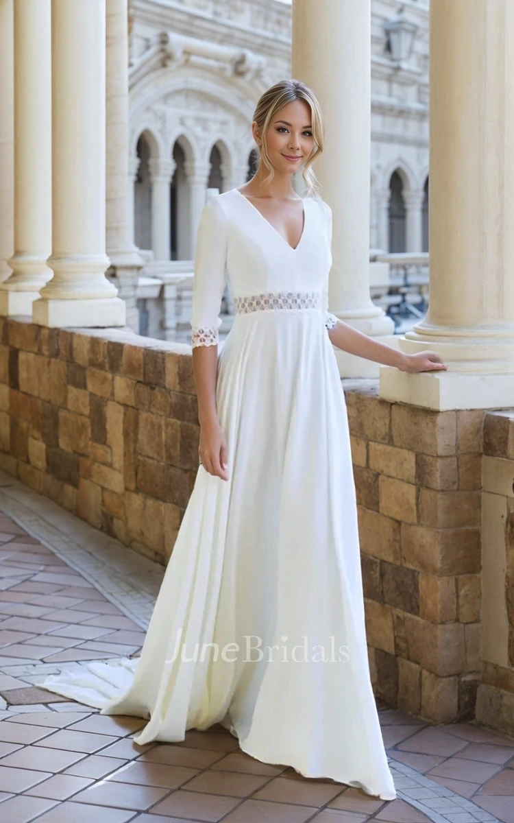 Modest Simple A-Line Half Sleeve Boho Wedding Dress Solid Modern Open Back V-Neck Guipur Waist Cuffs Chapel Train Satin Bridal Gown