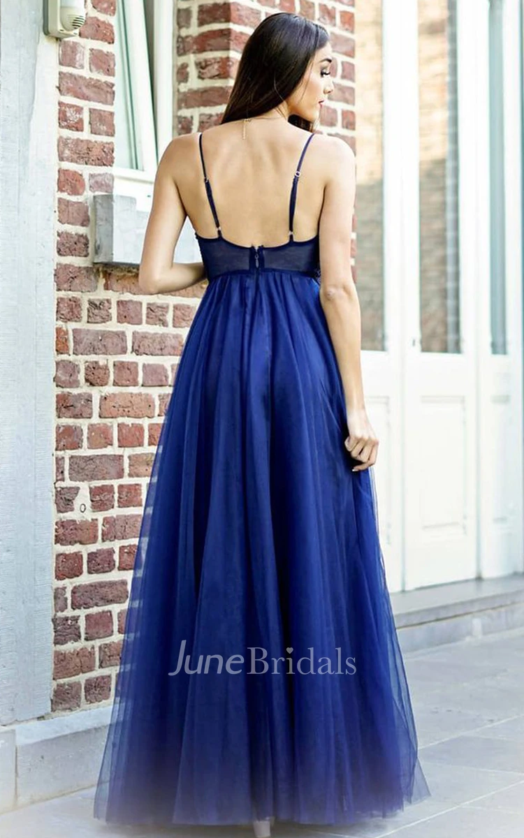 Simple A Line Tulle V-neck Sleeveless Prom Dress with Appliques and Beading