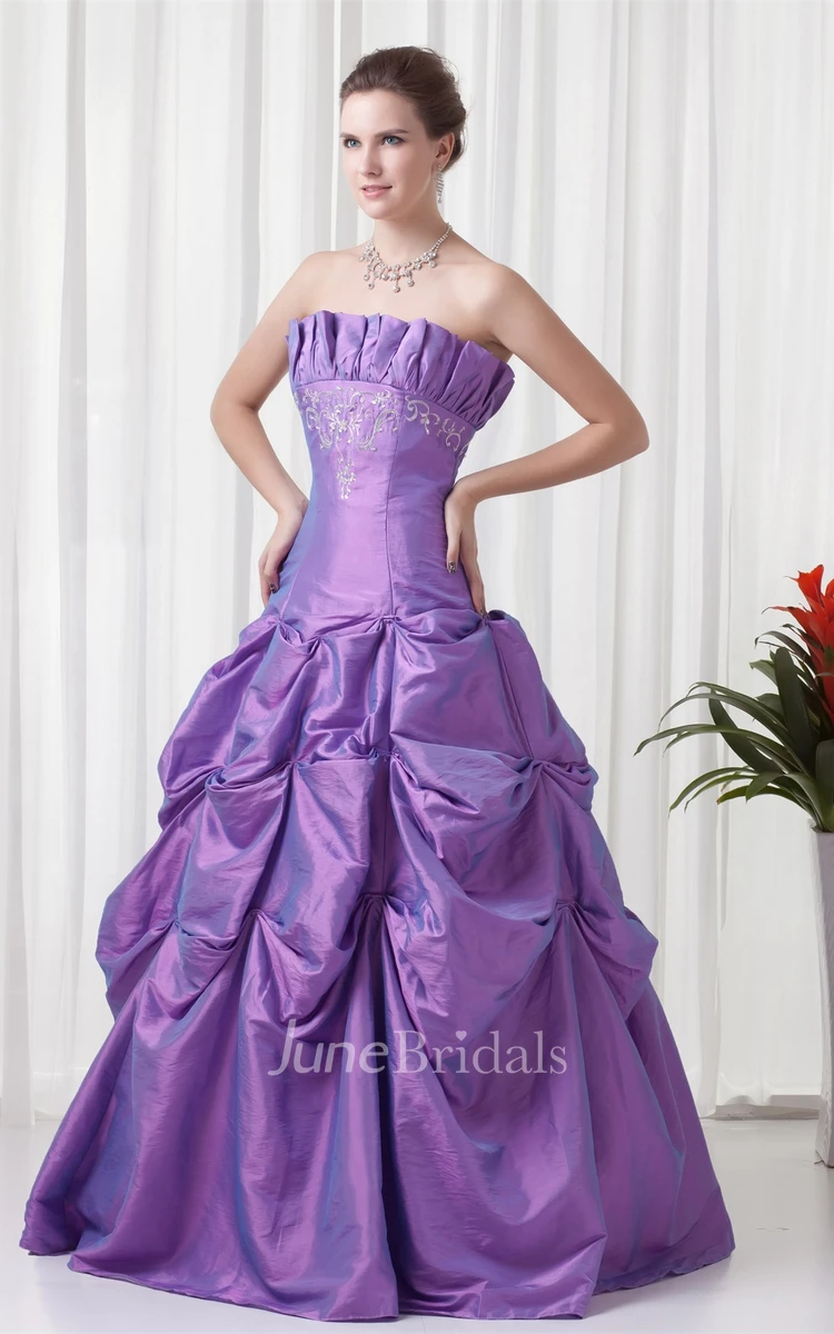 Strapless Pick-Up Ball Gown with Embroideries and Buckle