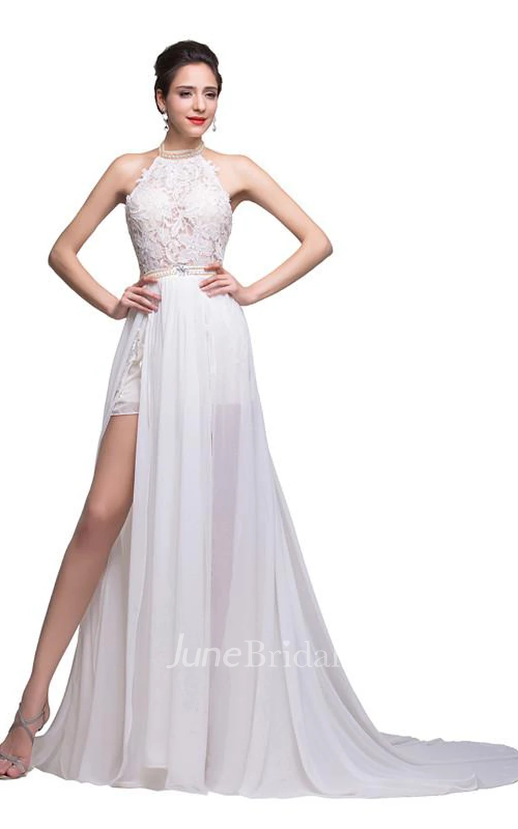 Newest High Neck Elegant Prom Dress Long Beadings Chiffon Evening Gown With Lace Appliques