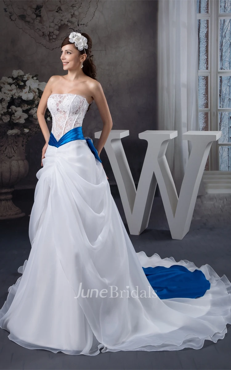 Strapless Lace A-Line Gown with Bow and Central Draping