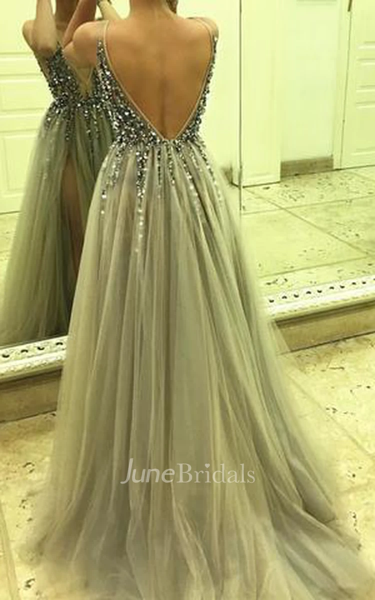 Deep V-neck Backless Split Sweep Train Prom Dress with Beading - June  Bridals