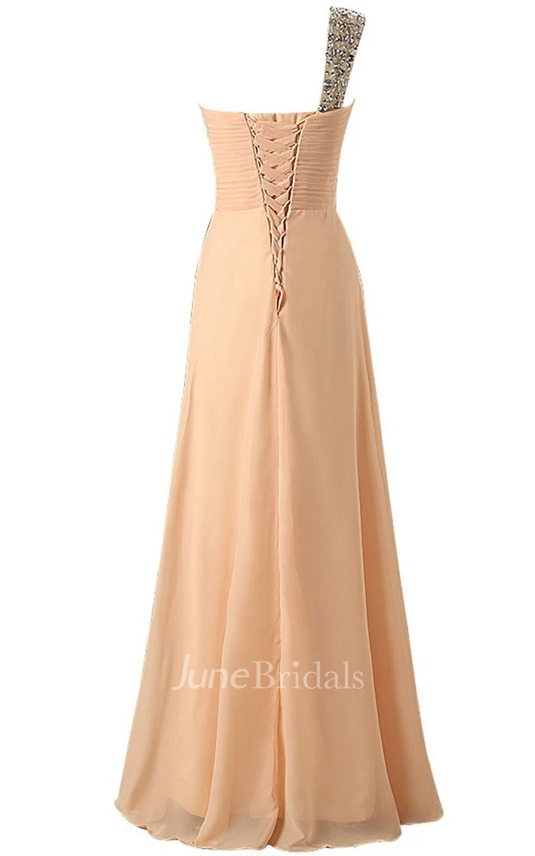 One-shoulder Crystal-beaded A-line Dress With Lace-up Back