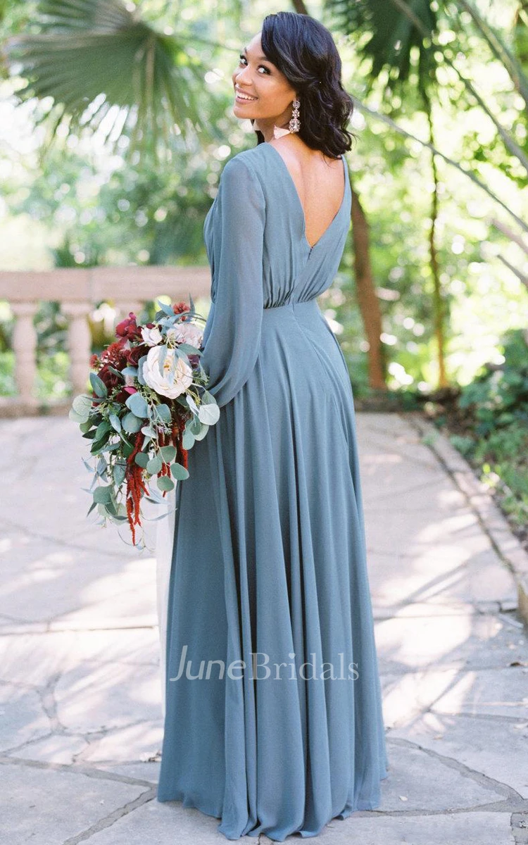 Elegant A Line Chiffon V-neck Long Sleeve Bridesmaid Dress with Pleats and Ruching