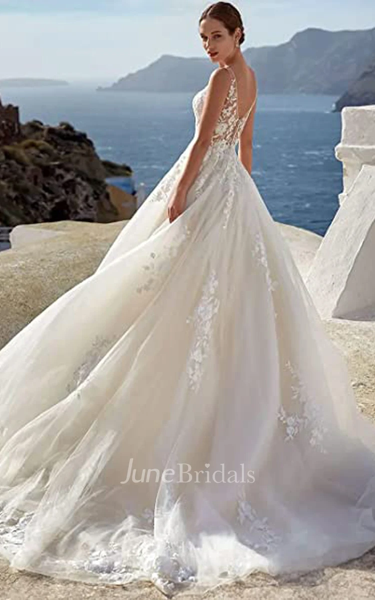 A-Line Spaghetti Tulle Wedding Dress Casual Sexy Elegant Summer Adorable Beach With Deep-V Back And Sleevesless And Appliques