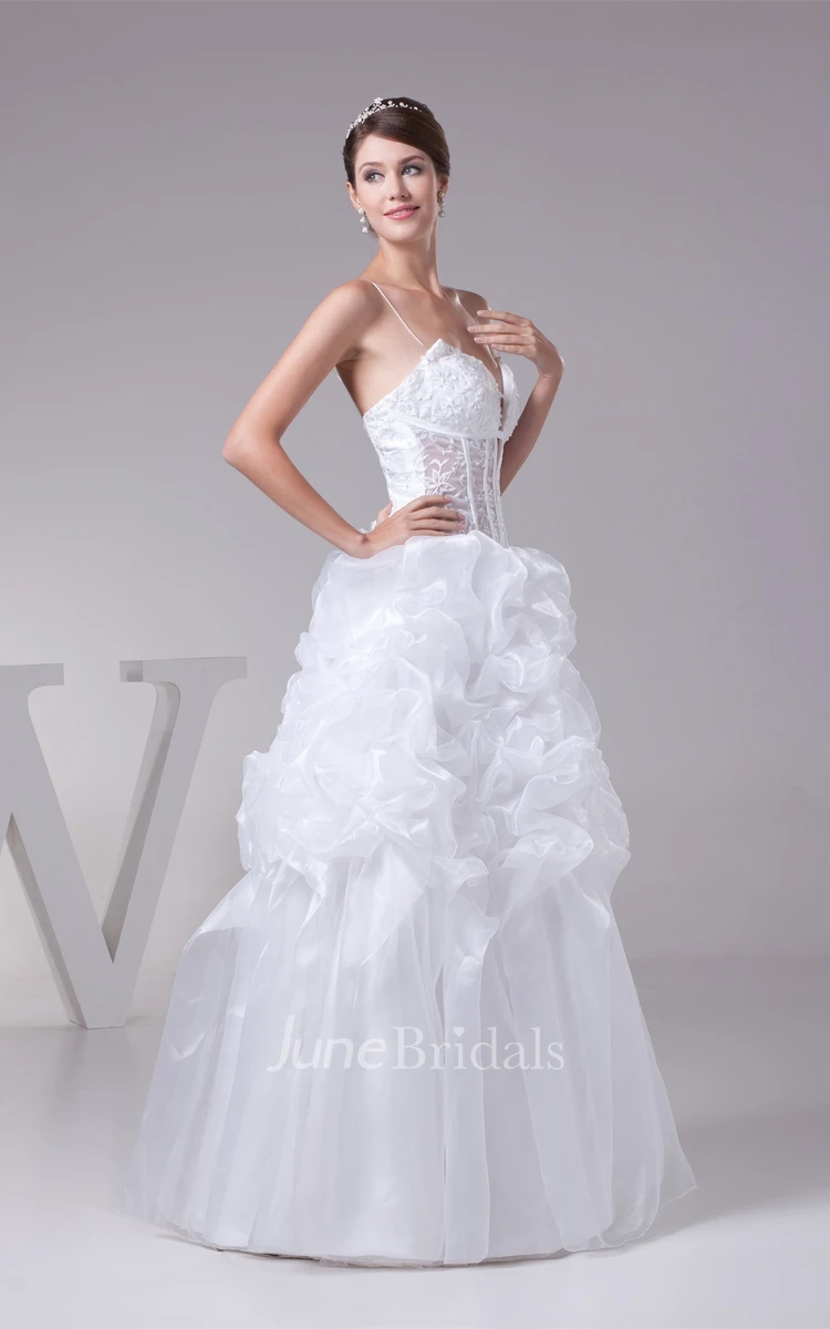 Plunged Ruffled Ball Gown with Appliques and Illusion Bodice