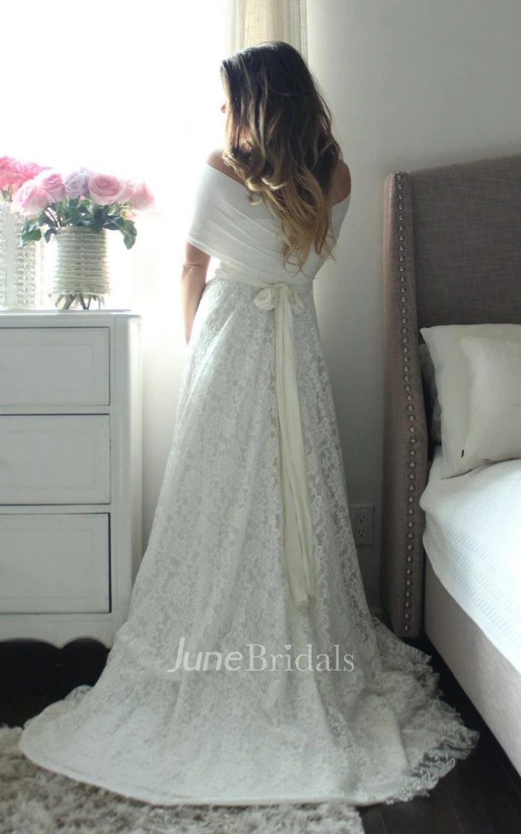 Long A-Line Lace Wedding Dress With Wrapped Bodice