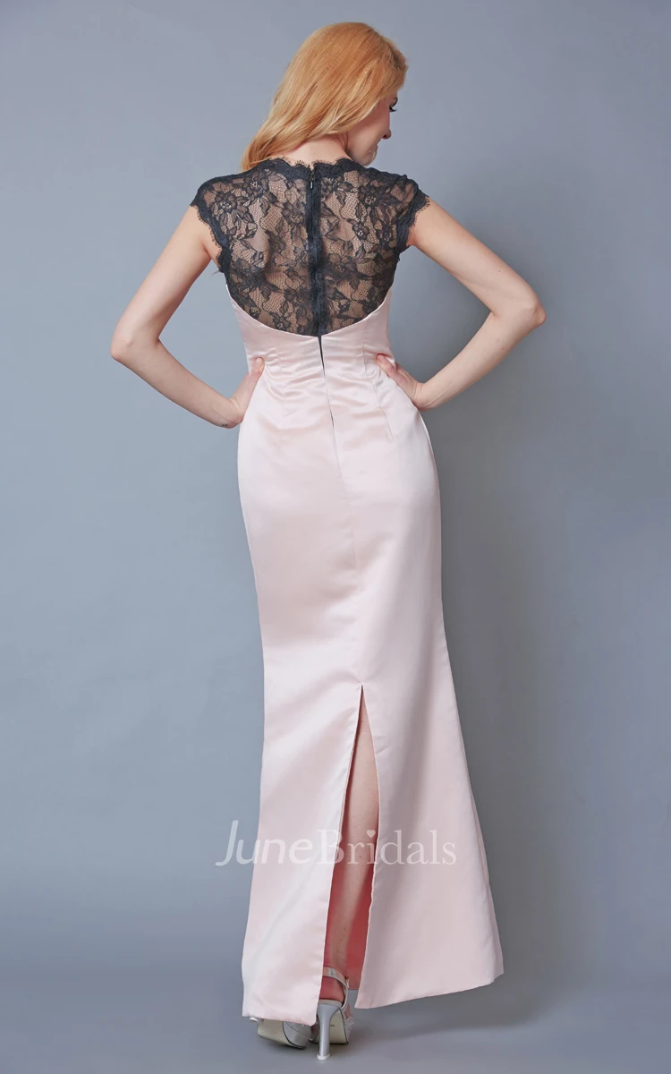 Short Sleeve Bateau Neck Long Satin Gown With Illusion Back
