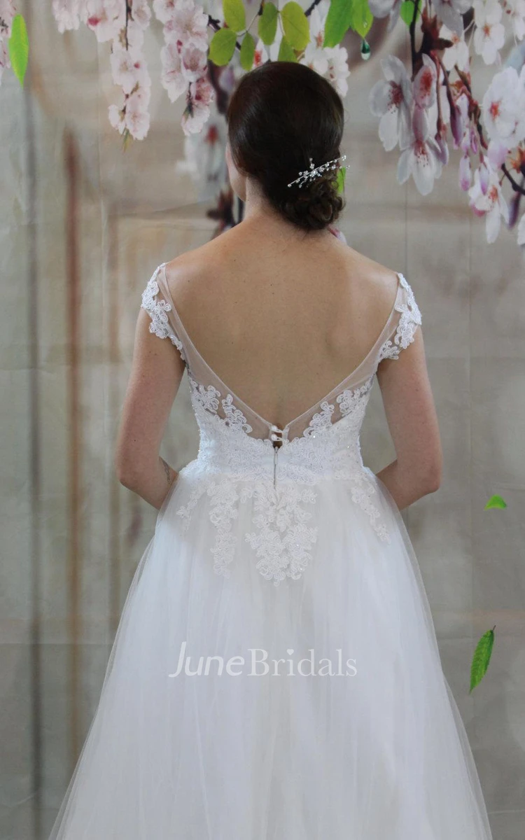 Boat Neck Cap Sleeve A-Line Tulle Wedding Dress With Lace Bodice