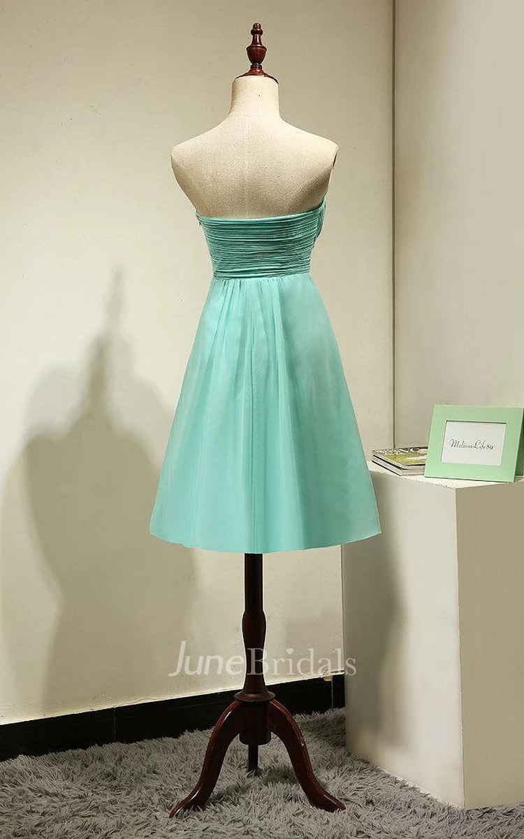 Strapless Short A-line Dress With Ruched Bodice and Pleats