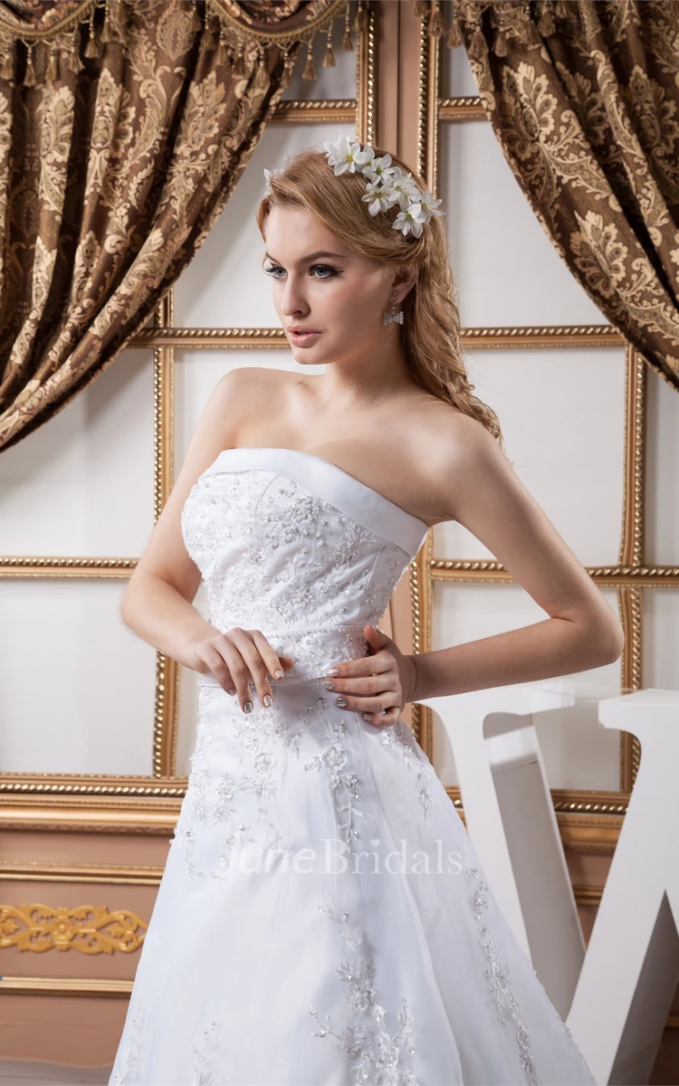 Strapless Lace A-Line Gown with Beading and Zipper Back