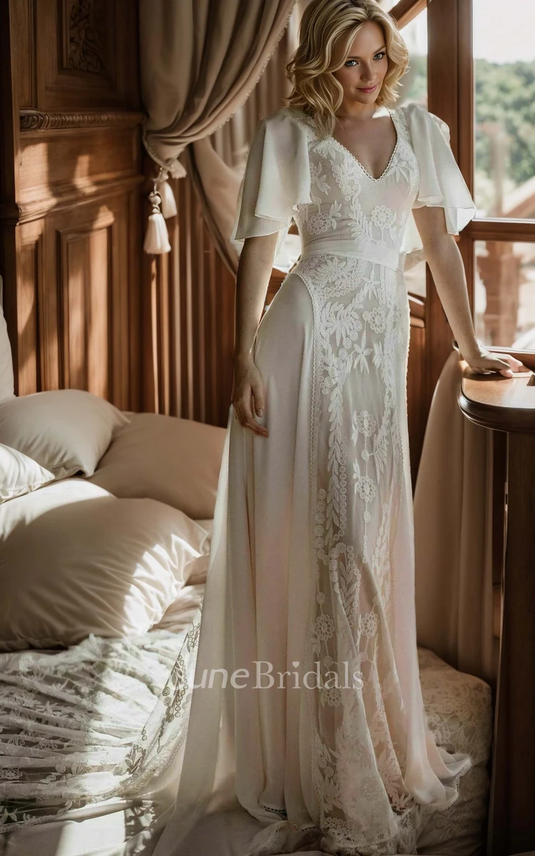 Modest Vintage Boho A-Line Lace Wedding Dress Floral Casual V-Neck Short Butterfly Sleeve Low Back Chiffon Court Train Bridal Gown