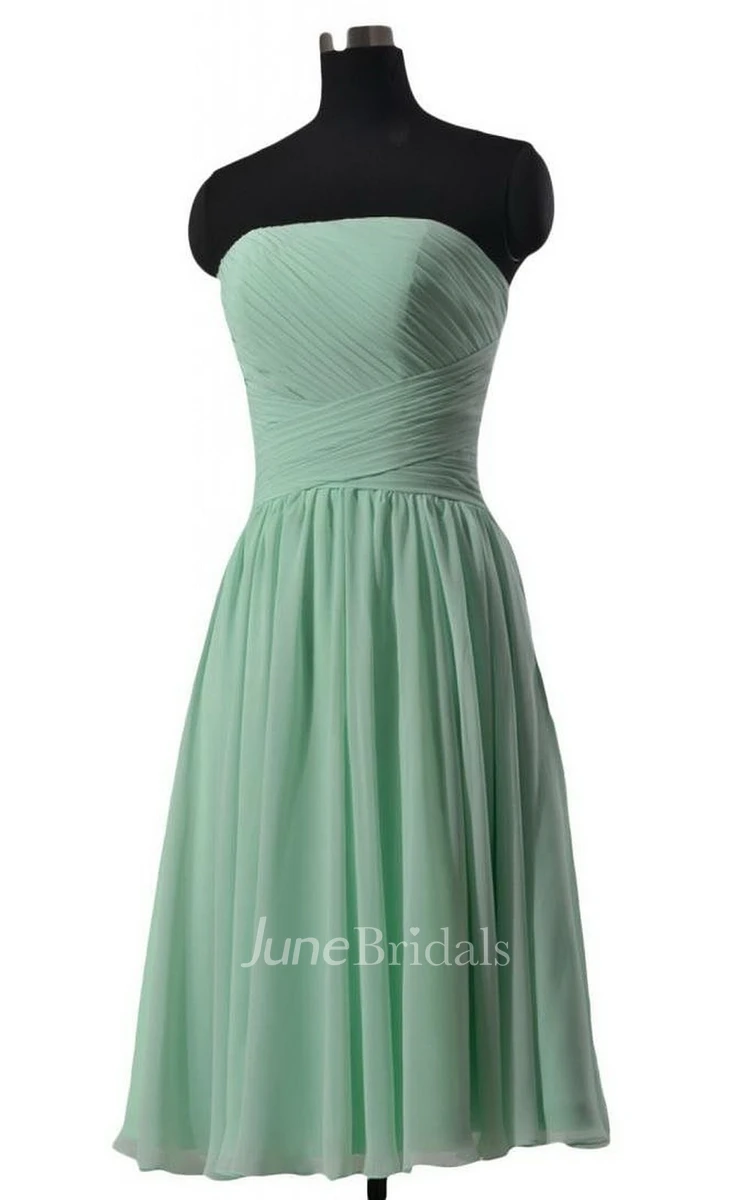 Strapless Ruched Knee-length Pleated Chiffon Dress
