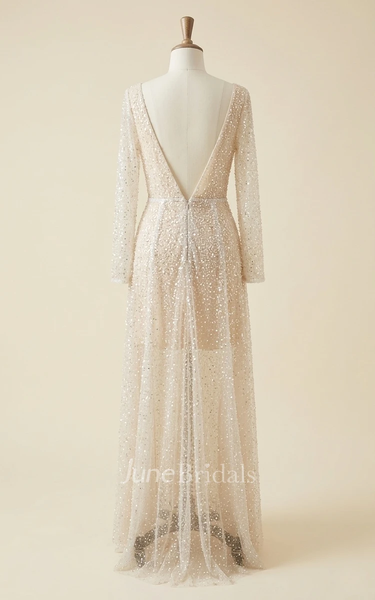 Beach A-Line Long Sleeve Spring Wedding Dress Sparkly Casual V-Neck Floor Length Bridal Gown