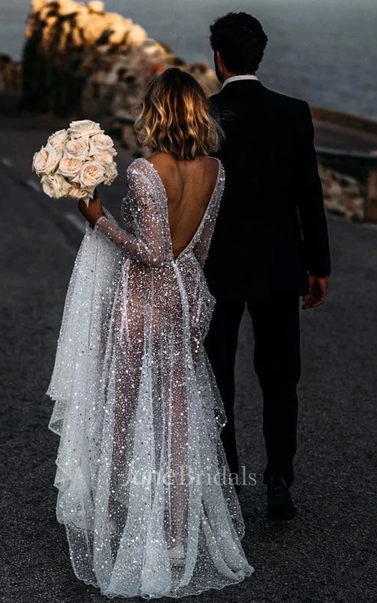 Sexy Sparkly A-Line Boho Long Sleeve Sequin Wedding Dress Modern Beach V-Neck See Through Floor Bridal Gown