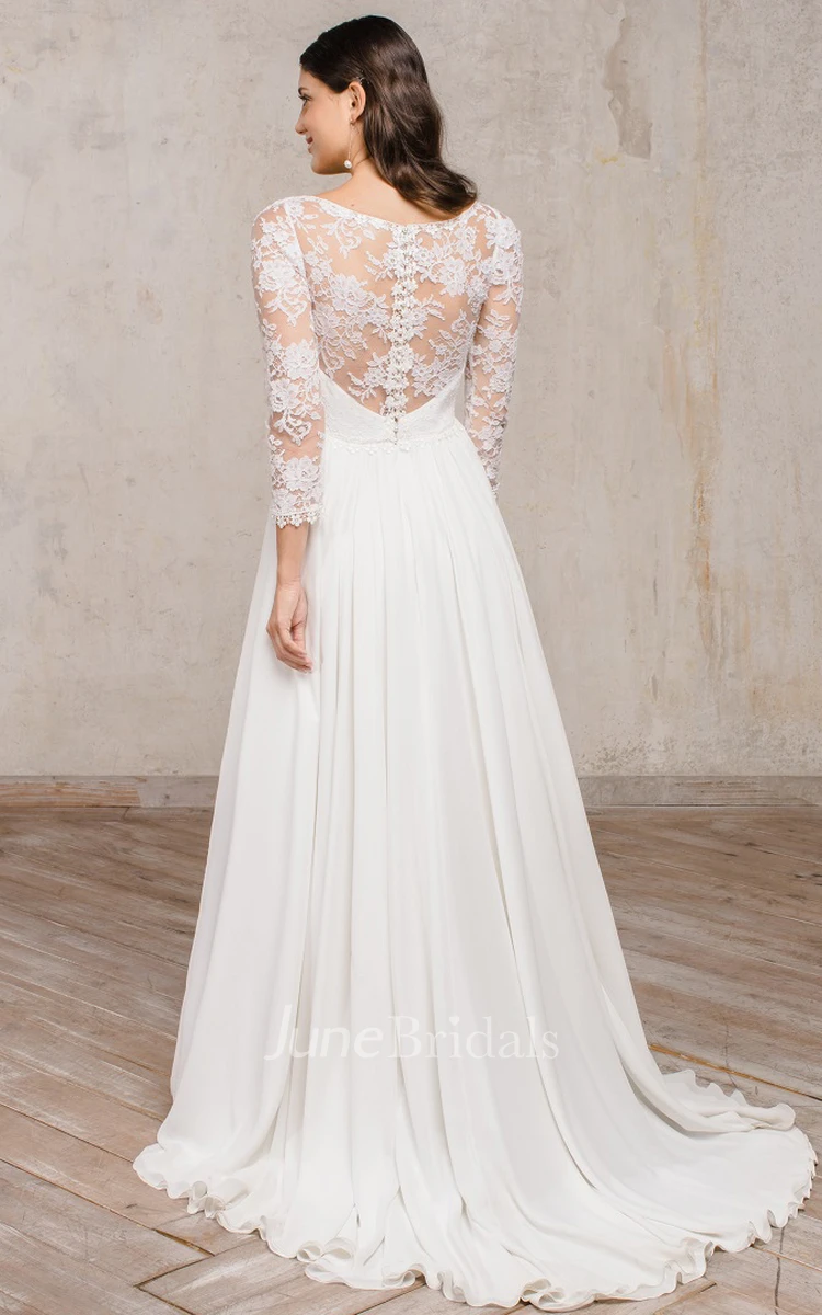 Romantic A Line Floor-length 3/4 Length Sleeve Chiffon V-neck Wedding Dress with Ruching