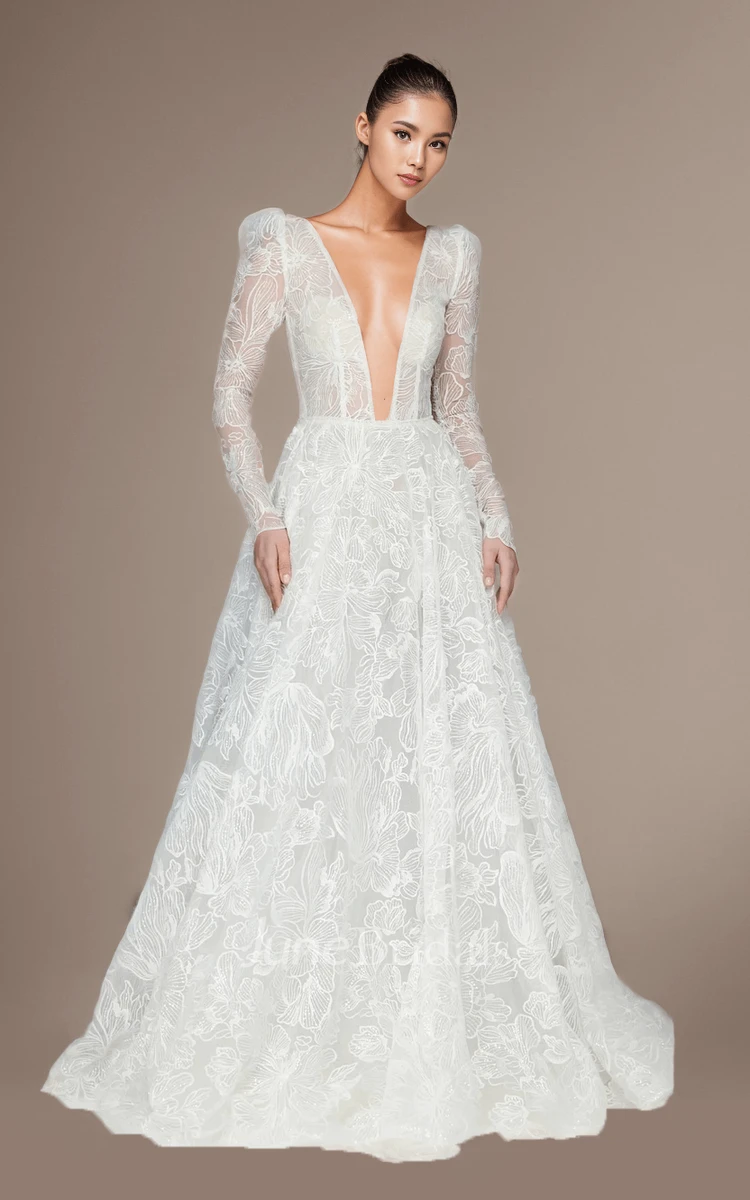 Plunging Neckline A-Line Lace Long Sleeve Wedding Dress Floor-length Button Illusion Back Bridal Gown