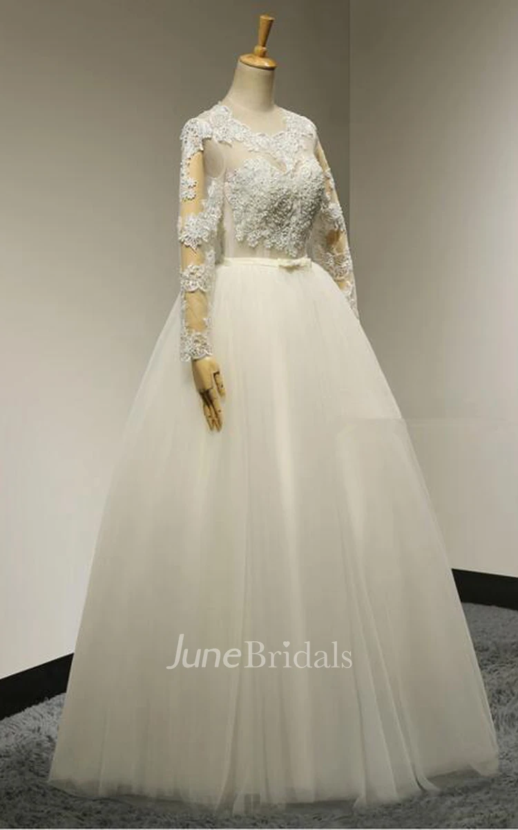 Jewel Neck Long Sleeve A-line Tulle Wedding Dress With Plts