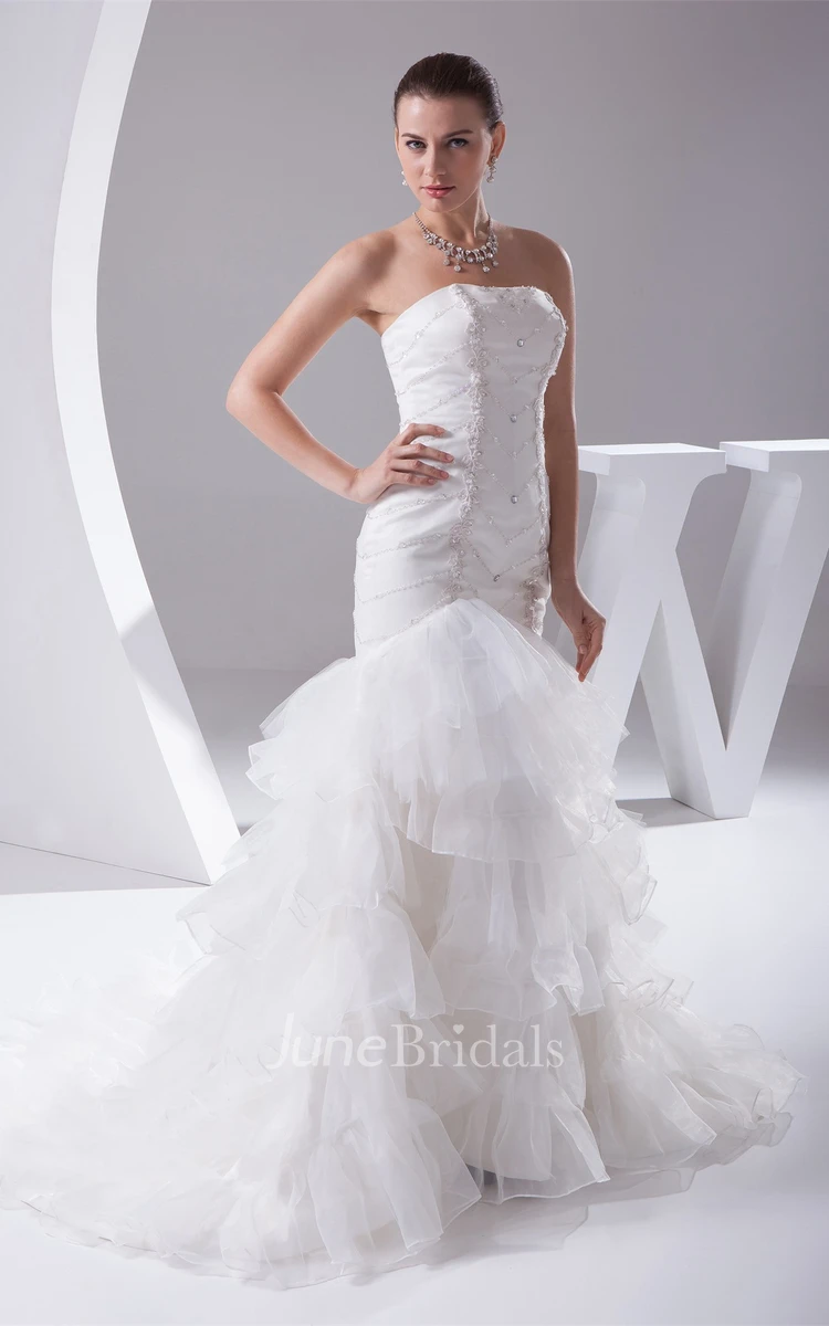 Strapless Column Tiered Gown with Ruffles and Crystal Detailing