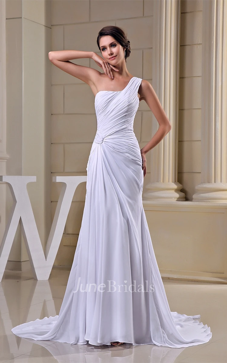 Criss-Cross One-Shoulder Ruched Chiffon Gown with Pleats and Court Train