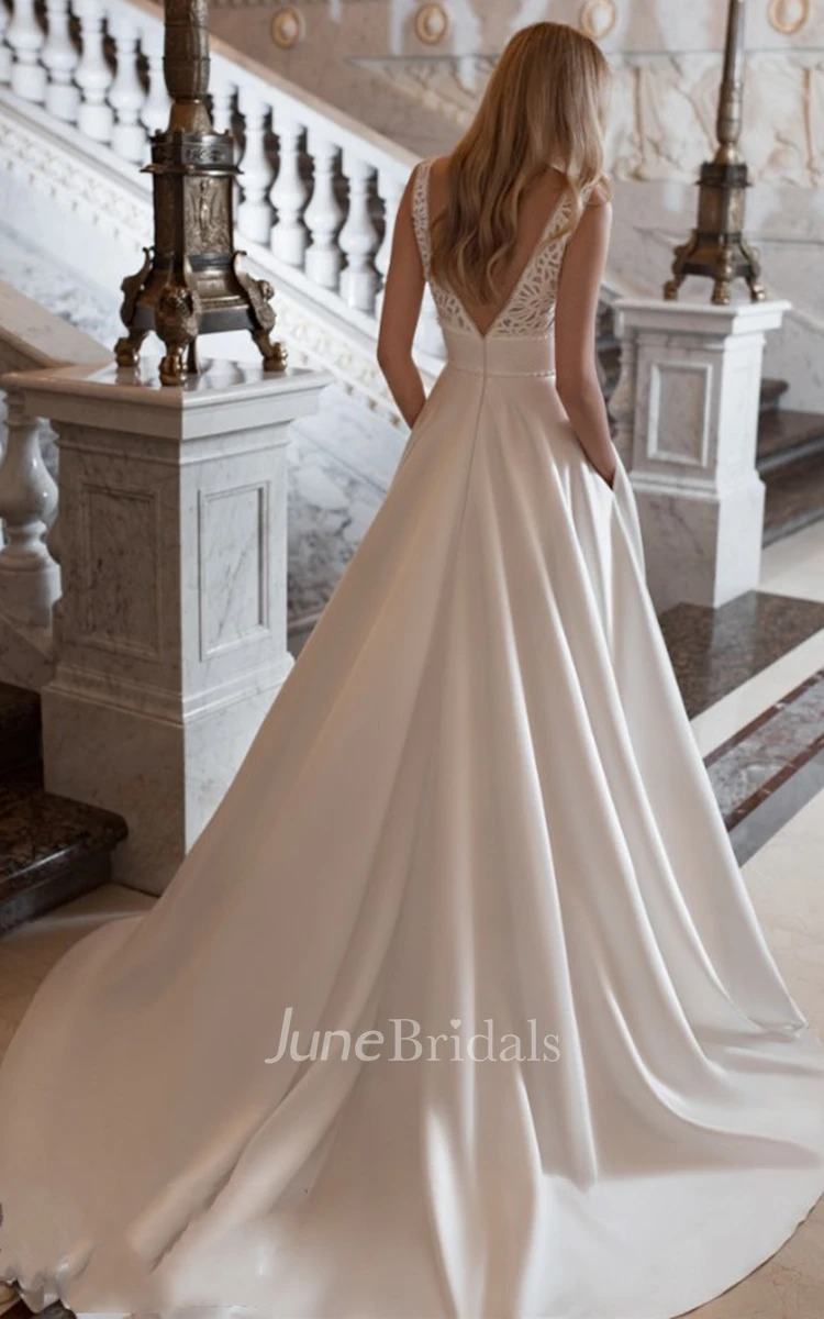Ethereal A-Line V-neck Satin Court Train Wedding Dress with Pockets