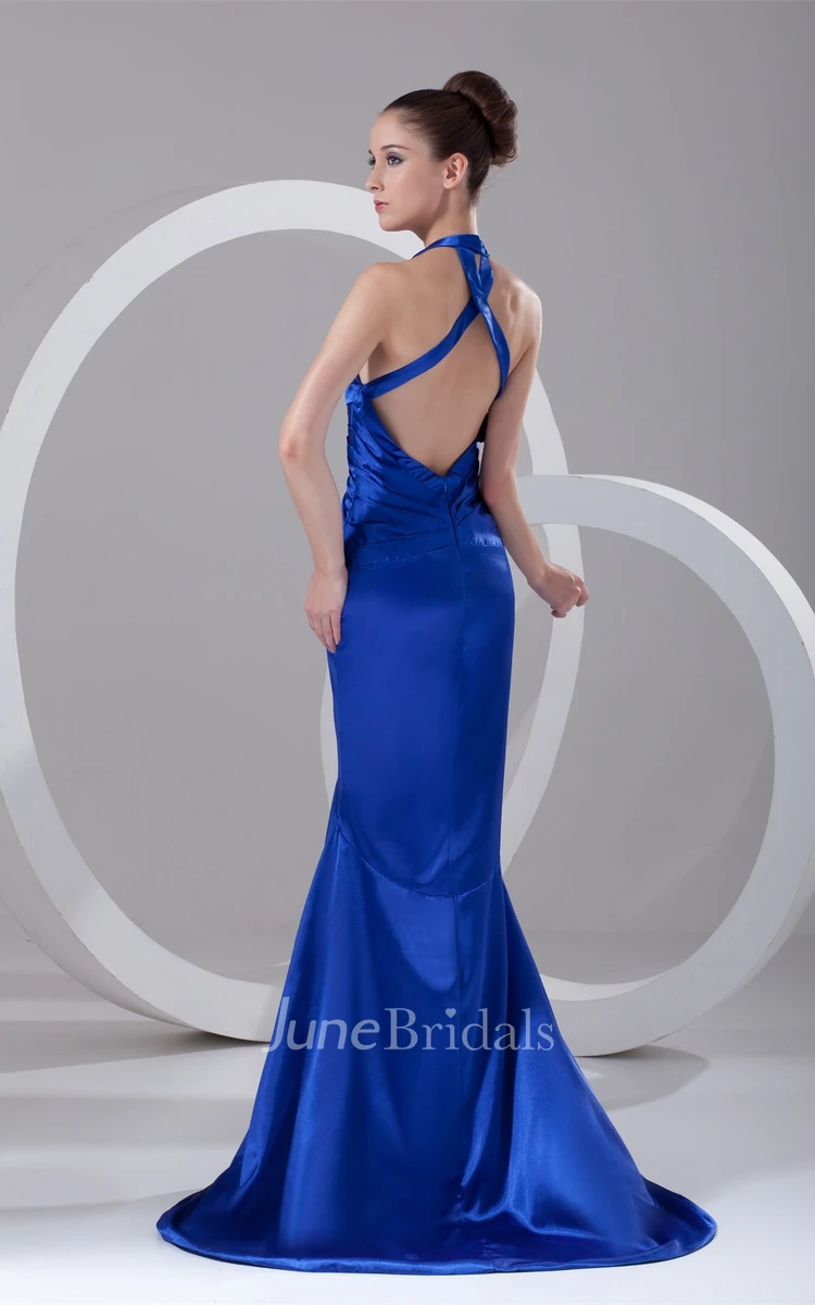 plunged high-low satin dress with brush train and ruched waist
