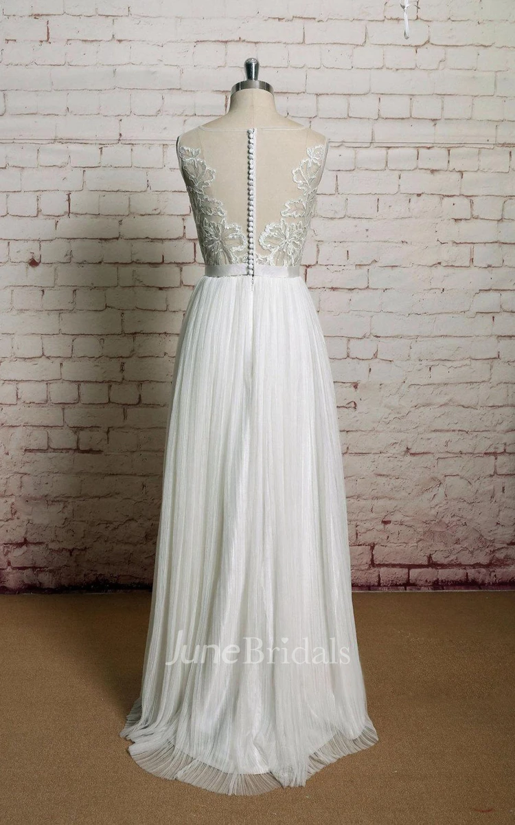 Illusion Neck Sleeveless Long A-Line Pleated Wedding Dress