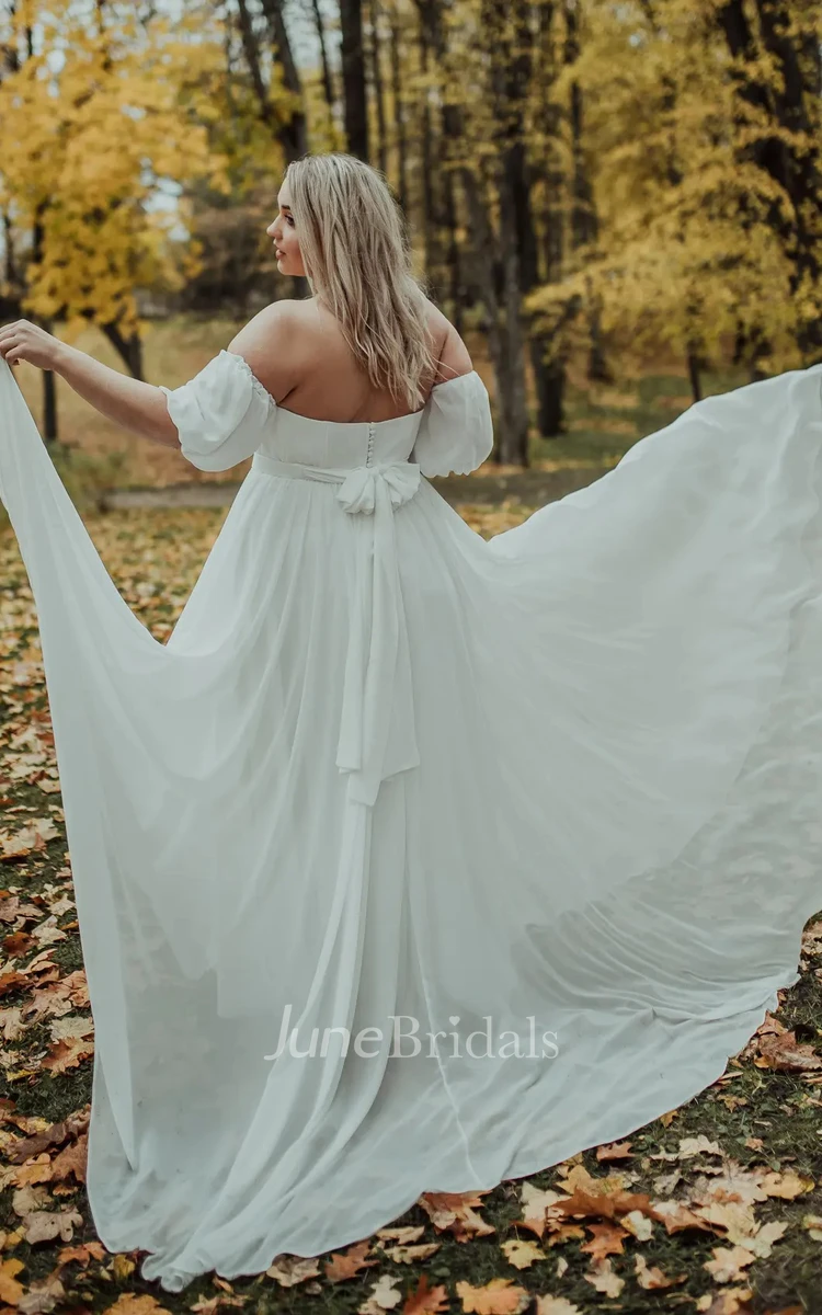 Moderon A Line Chiffon Off-the-shoulder Pull Wedding Dress with Bow