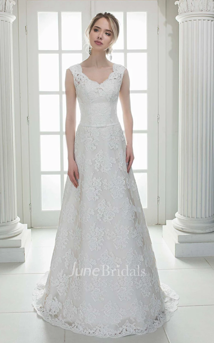 Plunged Sleeveless Lace A-Line Wedding Dress With Sweep Train